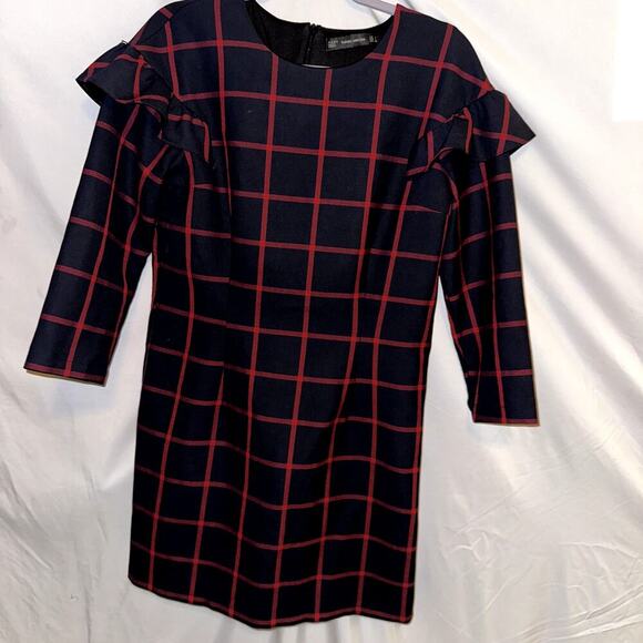 ZARA TRAFALUC Mini Dress Plaid Ruffle Shift Navy Blue Red Womens LG Long Sleeve - Picture 1 of 9